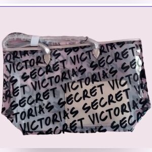 Victoria 's Secret  graffiti logo clear tote bag with Rose gold clutch. NIP